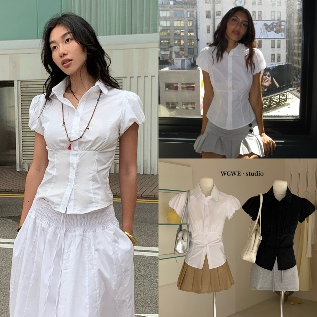🧡🧵 🇰🇷 W3341 เสื้อแขนตุ๊กตา คอปก ช่วงเอวเข้ารูปเล็กน้อย ทรงน่ารัก แฟชั่นเกาหลี TAG WG.WE 🧵🧡