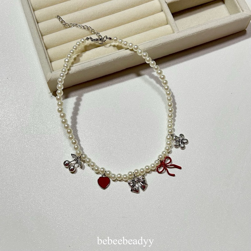 สร้อยคอมุก พร้อมจี้ต่างๆ โทนสีแดง 🍅🥂 | สร้อยลูกปัดมุก พร้อมจี้โบว์