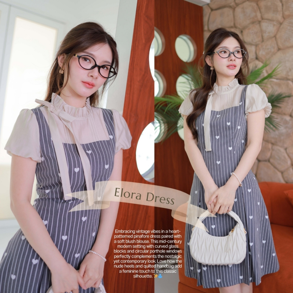 Romi”Oil” Elora Dress (Gray) J614 ชุดเดรสสีเทาลายหัวใจ (ลายโบว์แขนตุ๊กตาแต่งโบว์)