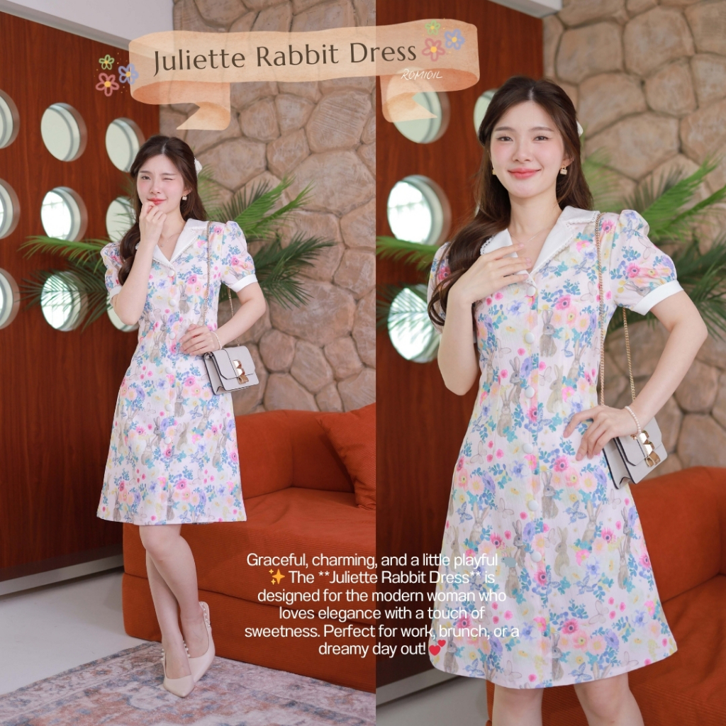 Romi"Oil" Juliette Rabbit Dress K121 ชุดเดรสสีชมพู  (คอปกขาวแต่งกระดุมลายกระต่าย)