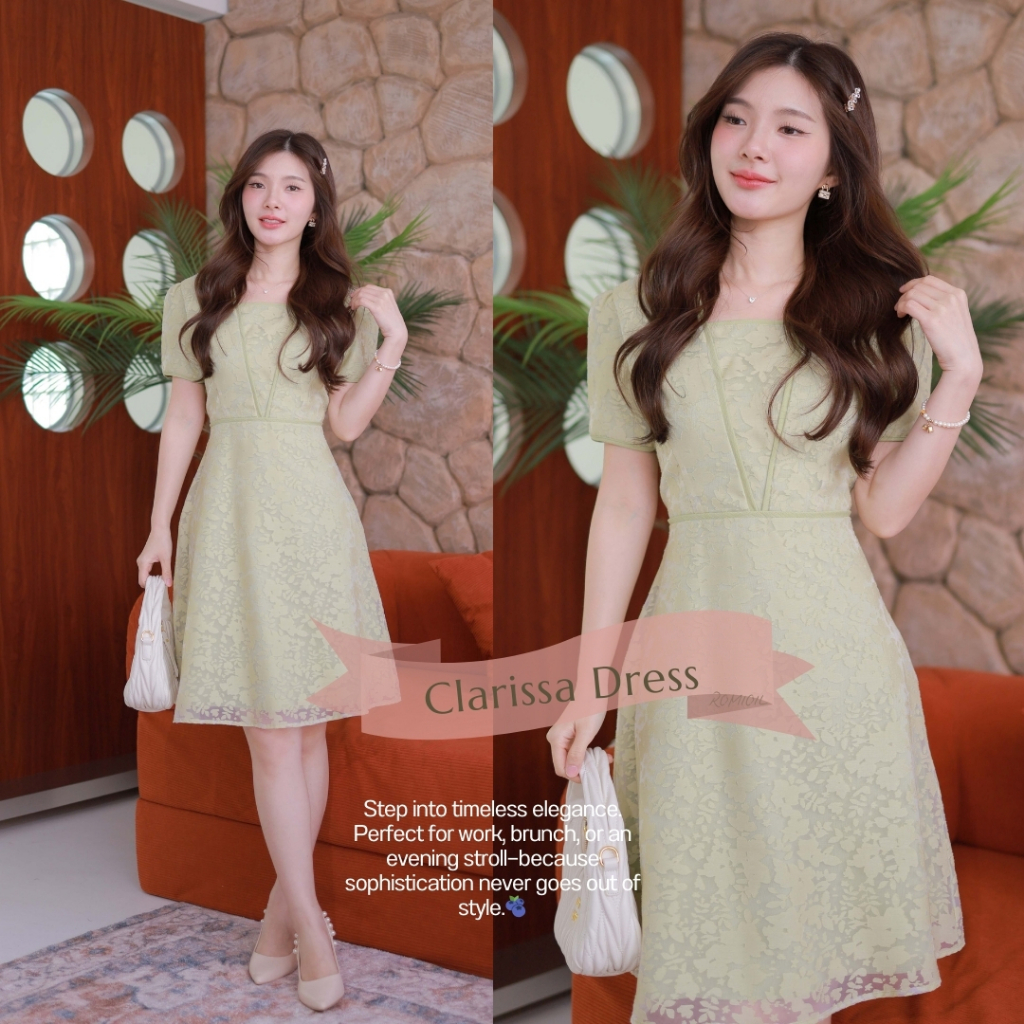 Romi"Oil" Clarissa Dress (Green) J553 ชุดเดรสสีเขียว (คอป้ายแต่งเกาะอกมีขอบเอว)