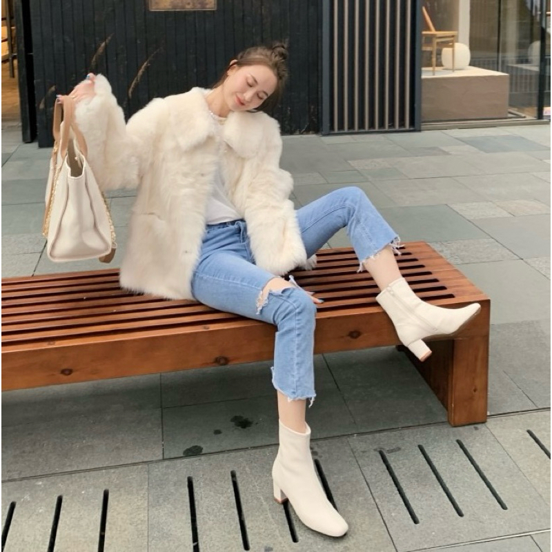 Chole G : Heka Soft Fur Short Boots รองเท้าบูทหนังส้นสูง หนังpremium บุขนหนา  กันหนาว 0องศา ส้นสูง5cm (SH0186)
