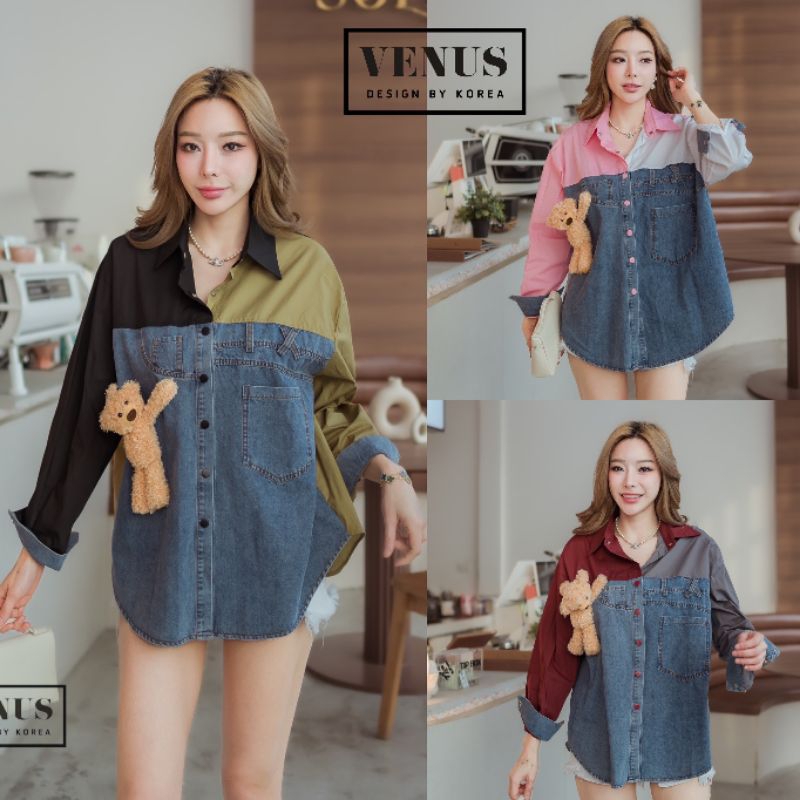 Jeans Shirt เสื้อเชิ๊ตแต่งผ้ายีนเนื้อดี แต่งสีสลับกัน งานมาพร้อมกับเข็มกลัดตุ๊ดตาน้องหมี