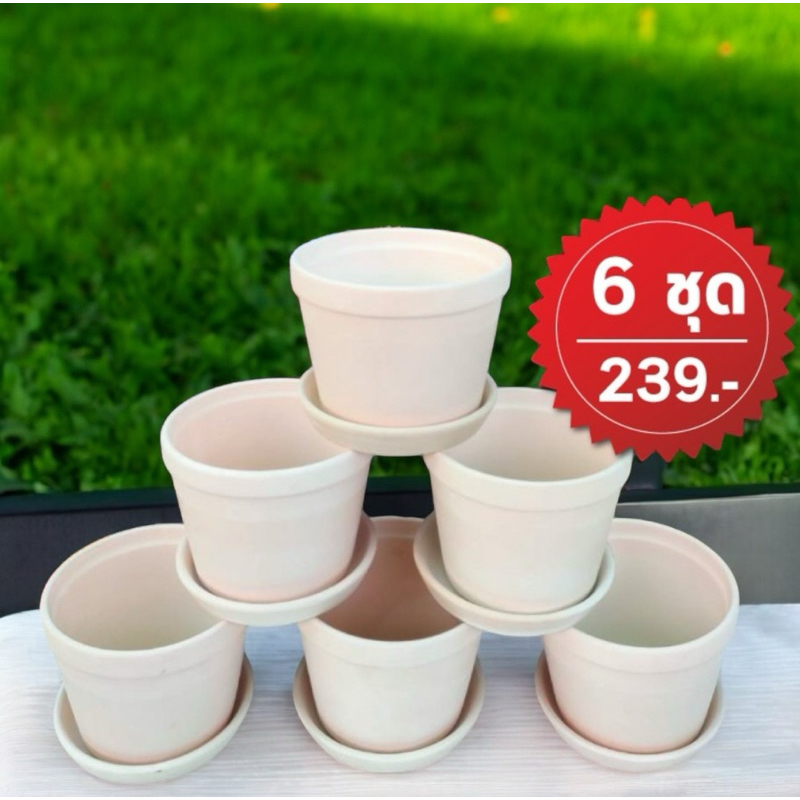 กระถางดินเผา 5.3 นิ้ว แบบทาสีขาวและขาวธรรมชาติ พร้อมจานรอง 6 ชุด