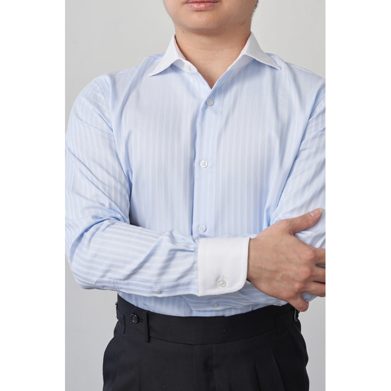 The Finery - The Windsor Pita Shirt in Blue Herringbone เสื้อเชิ้ต Formal ผู้ชาย ปก Italian Cutaway