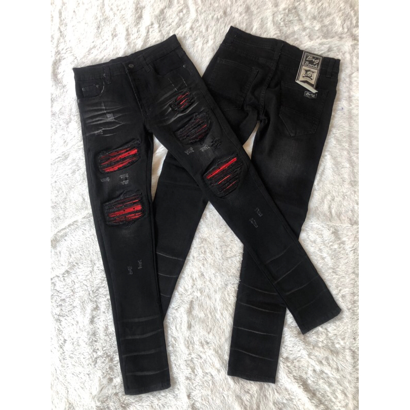 กางเกงยีนส์สีดำฟอกขาเดฟผ้ายืด ปะหนังแดงขาดปะ 5 จุด