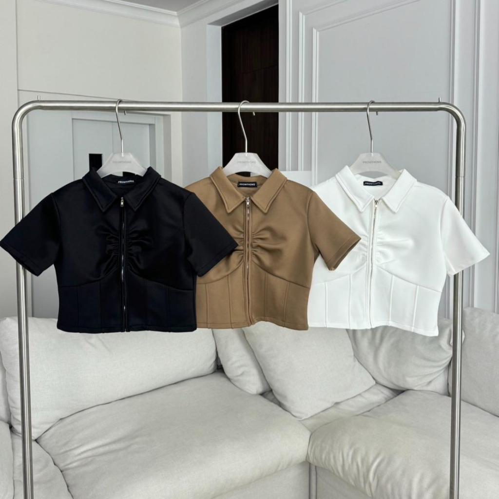 PTSH2817 เสื้อครอปคอโปโลแต่งซิปหน้า PREMIUM PROMTHONG