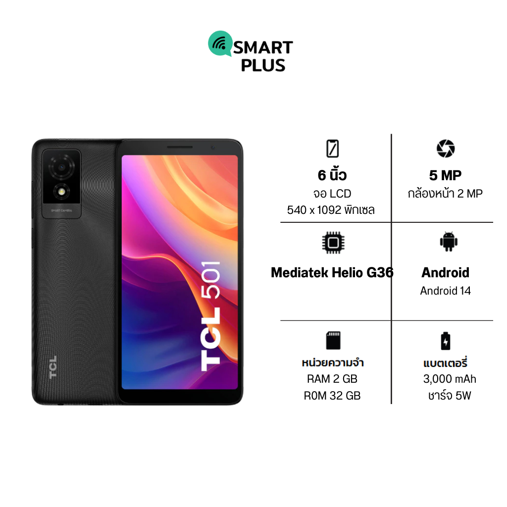 TCL 501 (2+2/32GB) แถมเคสใส ประกันศูนย์ 1 ปี [ หน้าจอ 6 นิ้ว แบต 3000 mAh ] (smartplus)