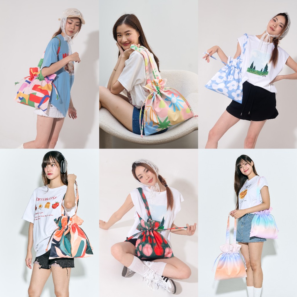 (NEW) Vibes.brandd - Julie Rosy Hawaiian happy shade Bucket Bag กระเป๋าผ้ามีเชือกรูด มี 6 ลาย