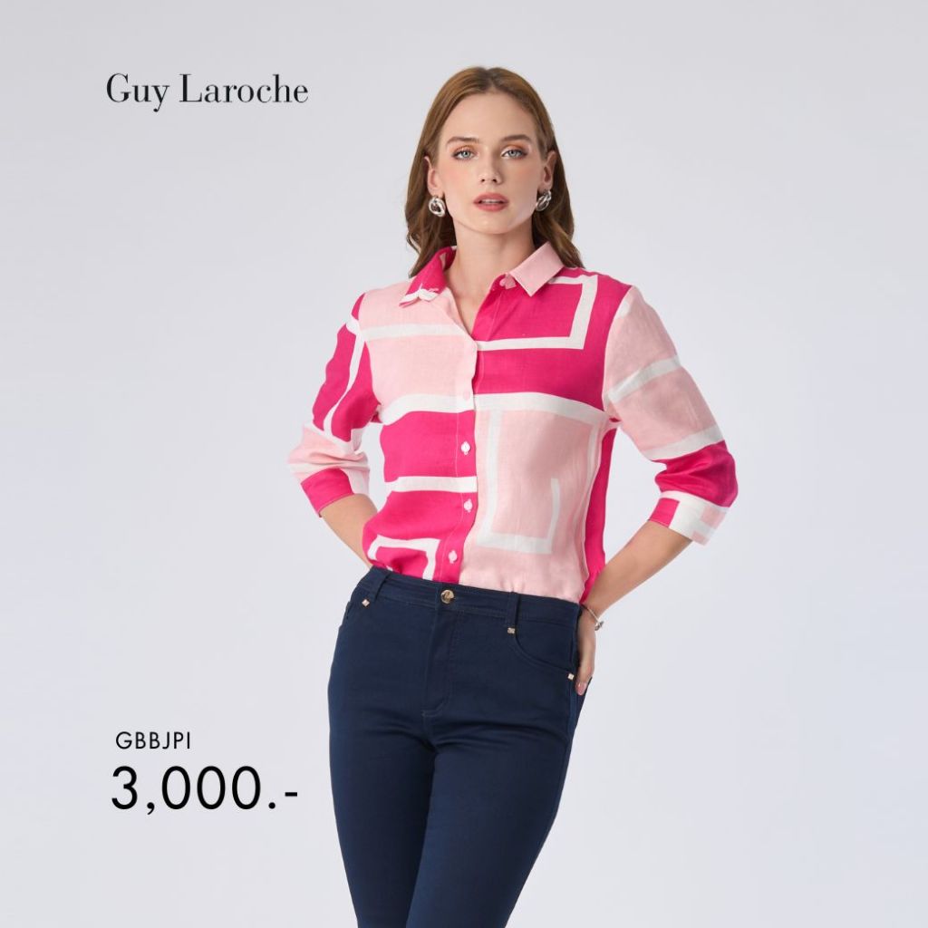 Guy Laroche เสื้อเชิ้ตผู้หญิง Light linen Pink logo แขนสามส่วน สีชมพู GBBJPI