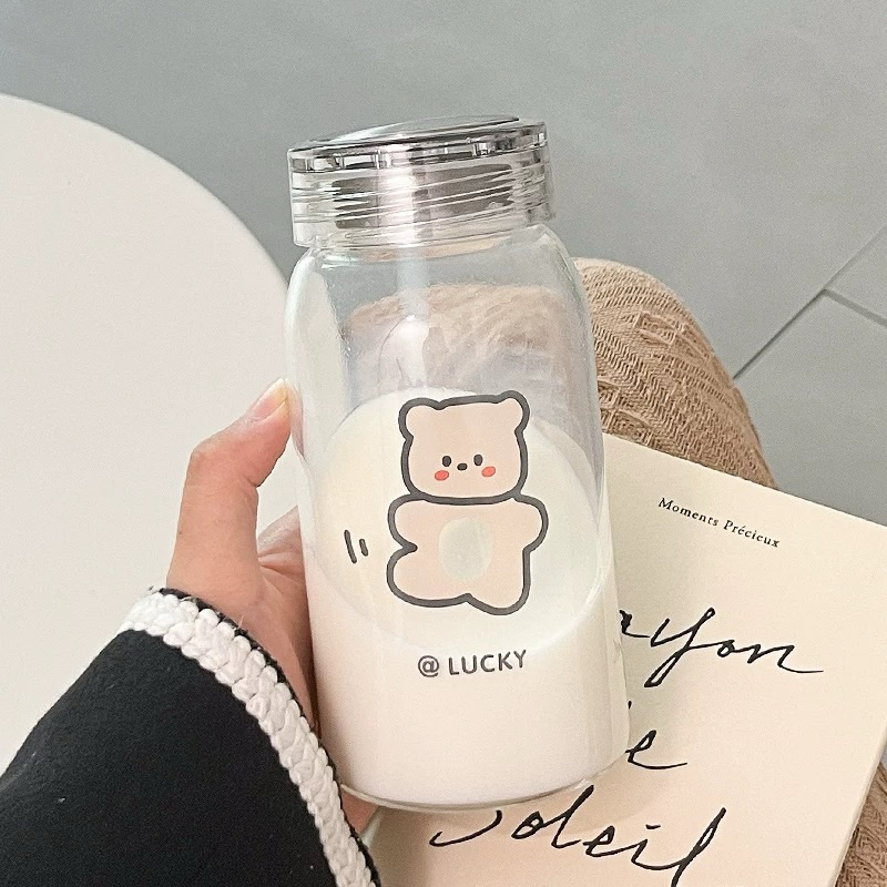 พร้อมส่งไม่ต้องพรี🌈 เกาหลีการ์ตูนที่เรียบง่ายพิมพ์นมถ้วยนักเรียนสร้างสรรค์แก้วใสแบบพกพาความจุขนาดใหญ