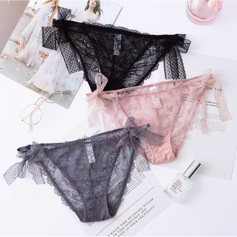 พร้อมส่ง กางเกงในผู้หญิง ผ้าลูกไม้ญี่ปุ่น สไตล์โลลิต้า ตกแต่งด้วยโบว์ด้านข้าง สาวอวบ ขนาด L, XL