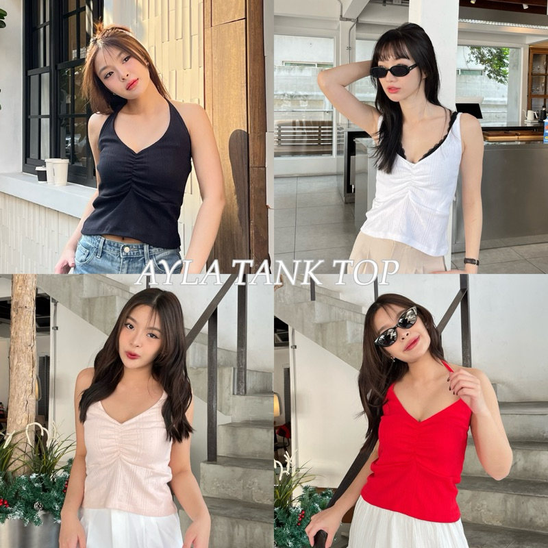AYLA TANK TOP - เสื้อสายเดี่ยวดีเทลจับจีบช่วงอกปลายระบาย ใส่ได้2แบบ (nita.bkk)