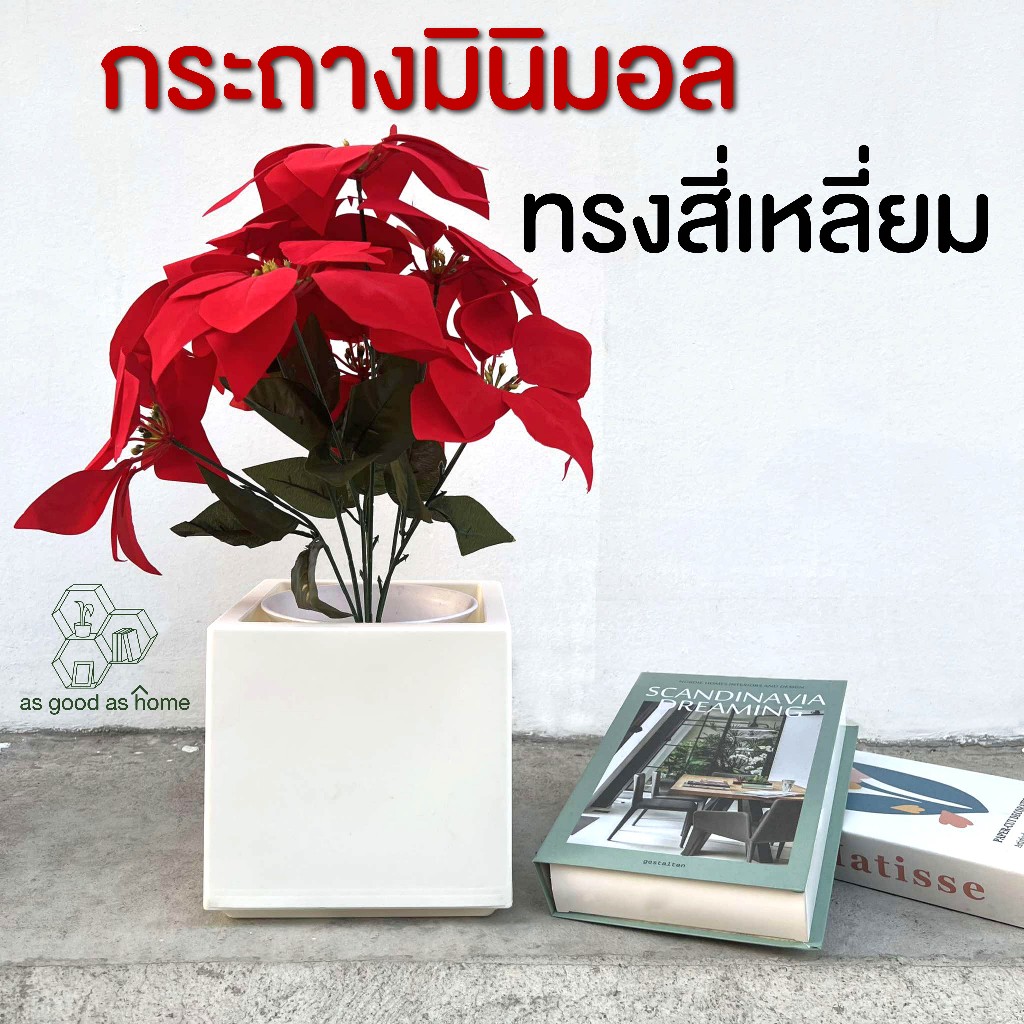 ส่งจากไทย กระถางมินิมอล ทรงสี่เหลี่ยม สีขาว ทำจากพลาสติกอย่างหนา ใช้ปลูกต้นไม้/ดอกไม้ ใช้ตกแต่งได้ทั้งภายในและภายนอก