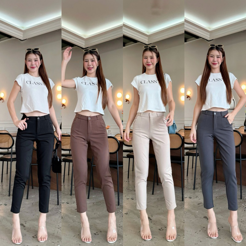 กางเกงผ้าโรเชฟทรงบอยกระบอกเล็ก Lady pants (✅โค้ดลด 30WOW200) ผ้าไม่ยับ กระชับผ้าหนาเก็บทรงดี