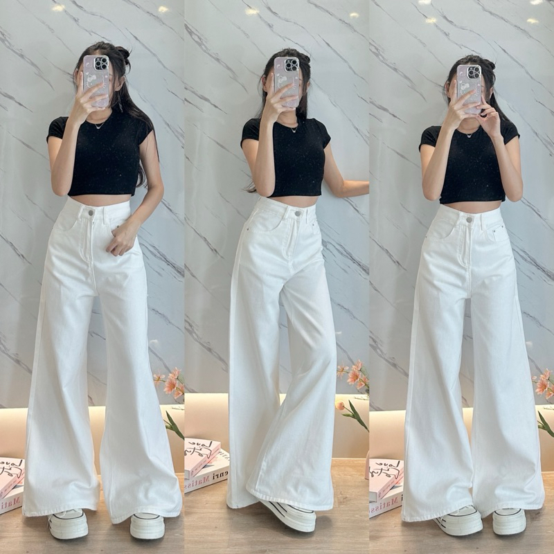 Baggy Jeans สีขาว “ยีนส์ป้าย Chana #7705 ทรงขาบานเอวสูง ผ้าไม่ยืด ใส่เอวต่ำได้ตามชอบ