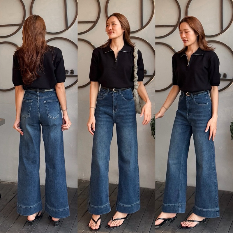 Gagel Jeans ยีนส์ขาเต่อสุด cute ยีนส์เอวสูงขากระบอกกลางผ้ายีนส์ยืดพรีเมี่ยม