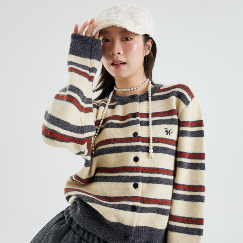 (พร้อมส่ง)Beming  Cardigan คาร์ดิแกนลายทางขวางโทนครีม - เทา