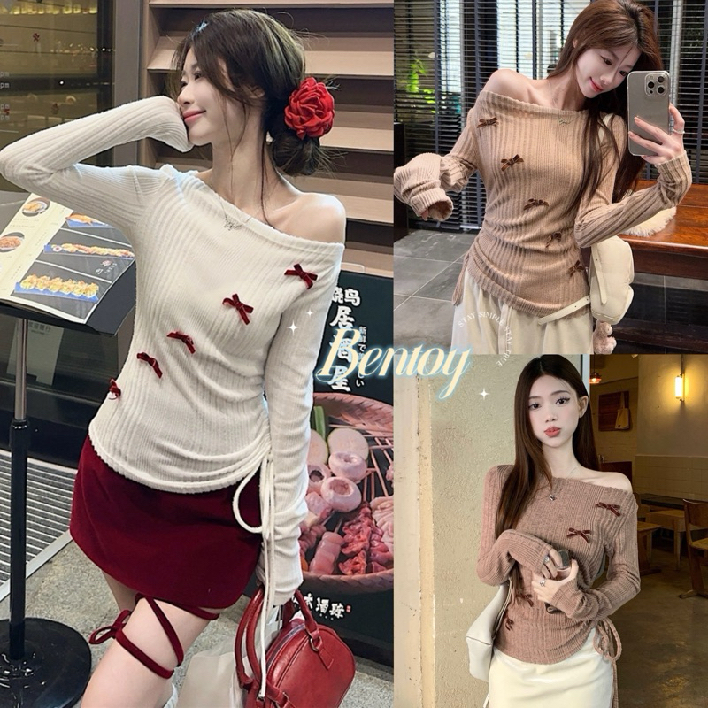 Bentoy(853)เสื้อยืดเปิดไหล่แขนยาว ติดโบว์เล็กๆน่ารัก เสื้อคลอปเข้ารูปดีไซน์เรียบง่าย