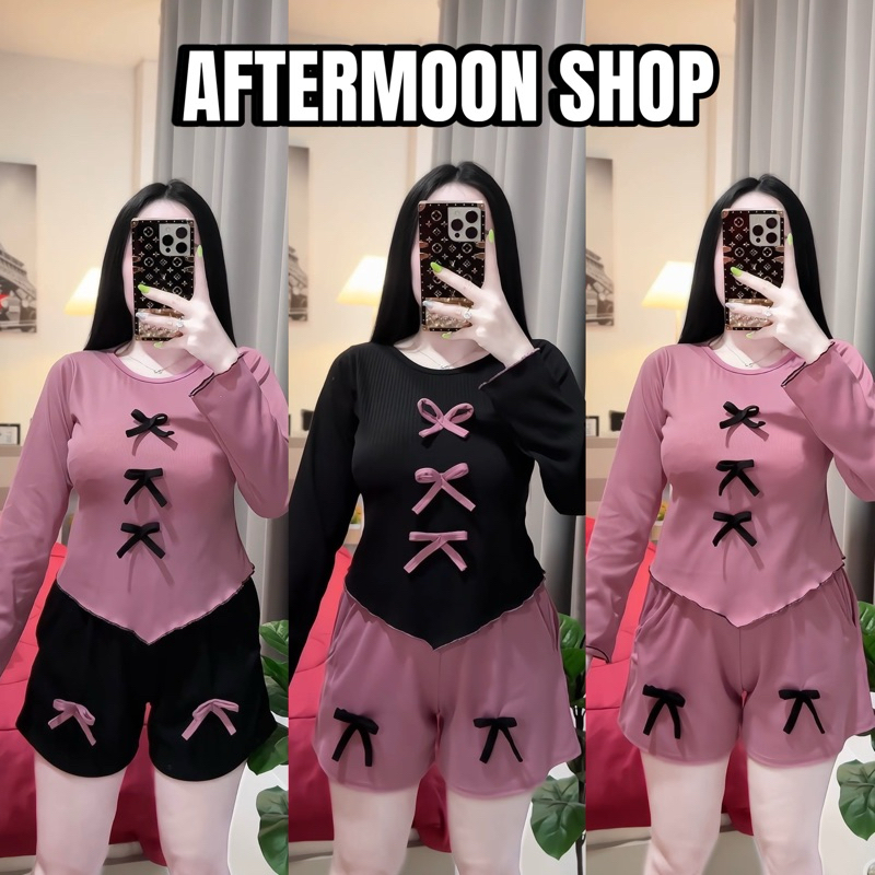 050268 ชุดเซ็ตผู้หญิง 2 ชิ้น เสื้อคอกลมแขนยาว แต่งโบว์ และกางเกงขาสั้น Women Lady Clothing