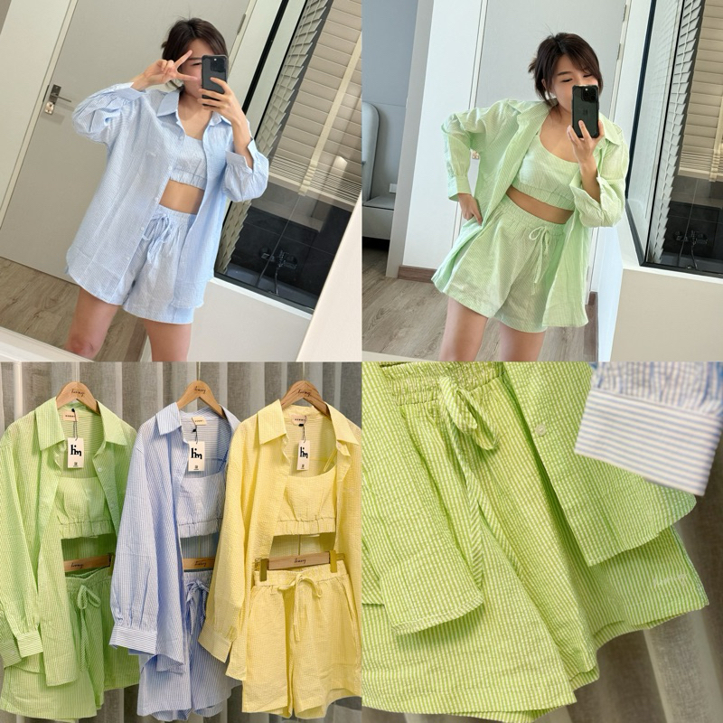 Howmy Summer Set ชุดเซ็ต3ชิ้น ชุดแฟชั่นซัมเมอร์ผู้หญิง สีพาสเทล สีเหลือง สีฟ้า สีเขียว ชุดใส่ไปทะเล