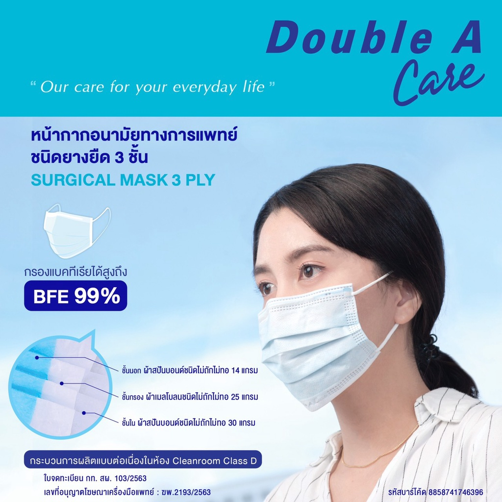 Double A Care หน้ากากอนามัย ทางการแพทย์ ชนิดยางยืด 3 ชั้น , แมส , ป้องกันฝุ่นละออง สิ่งสกปรก ป้องกัน