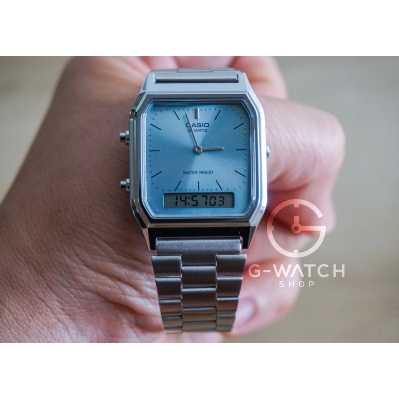 [มีสินค้าพร้อมจัดส่ง] CASIO Vintage [โดยอง, Doyoung วง NCT] สีฟ้าอ่อน AQ-230A-2A1, AQ-230A, AQ-230, 