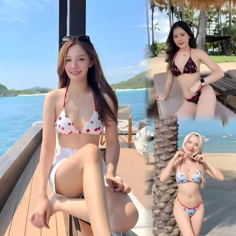 Swift Bra Cherry Bikini บิกินี่ 2 ชิ้น ชุดว่ายน้ำผู้หญิง ลายเชอรี่ เกาะอก ผูกข้าง ผ้าเนื้อดี