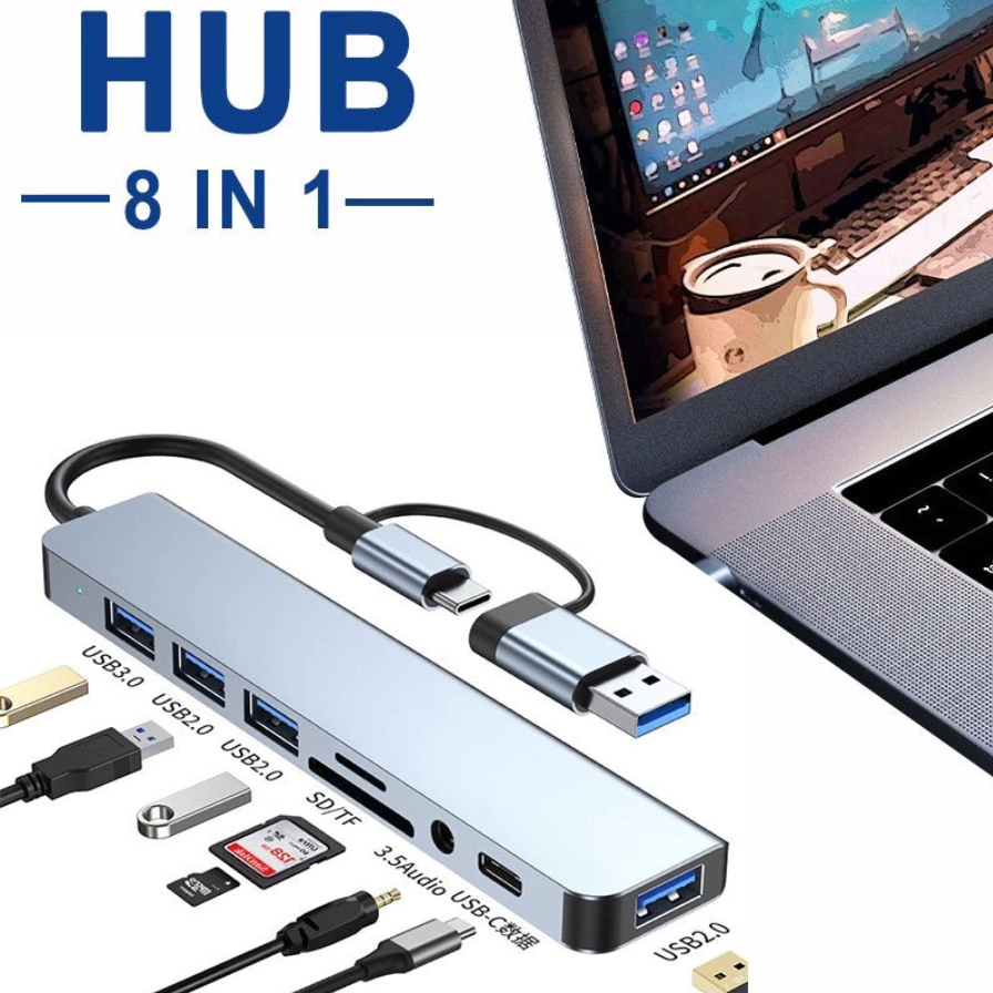 USB C Hub, 8 in 1 Type C Adapter USB Splitter Extender, usb hub with USB 3.0, 3 USB 2.0, USB C, SD/T