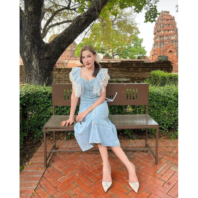 Jidapa style เดรสมือสอง เดรสยีนส์ แขนตกแต่งระบาย