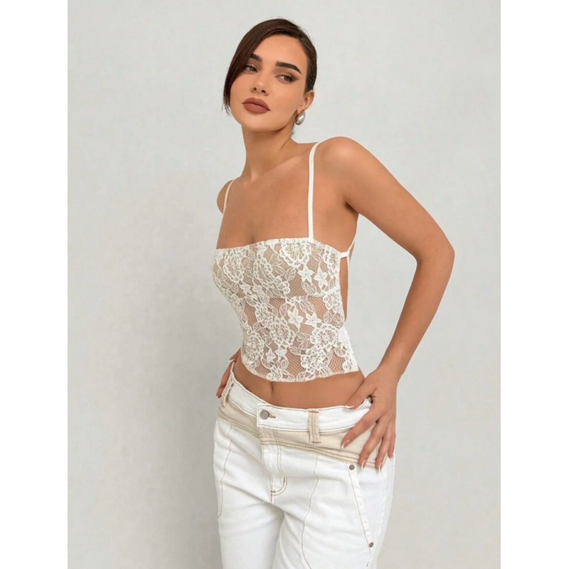 EZshop เสื้อสายเดี่ยวสีขาว ลูกไม้ เปิดหลัง🇹🇭พร้อมส่ง