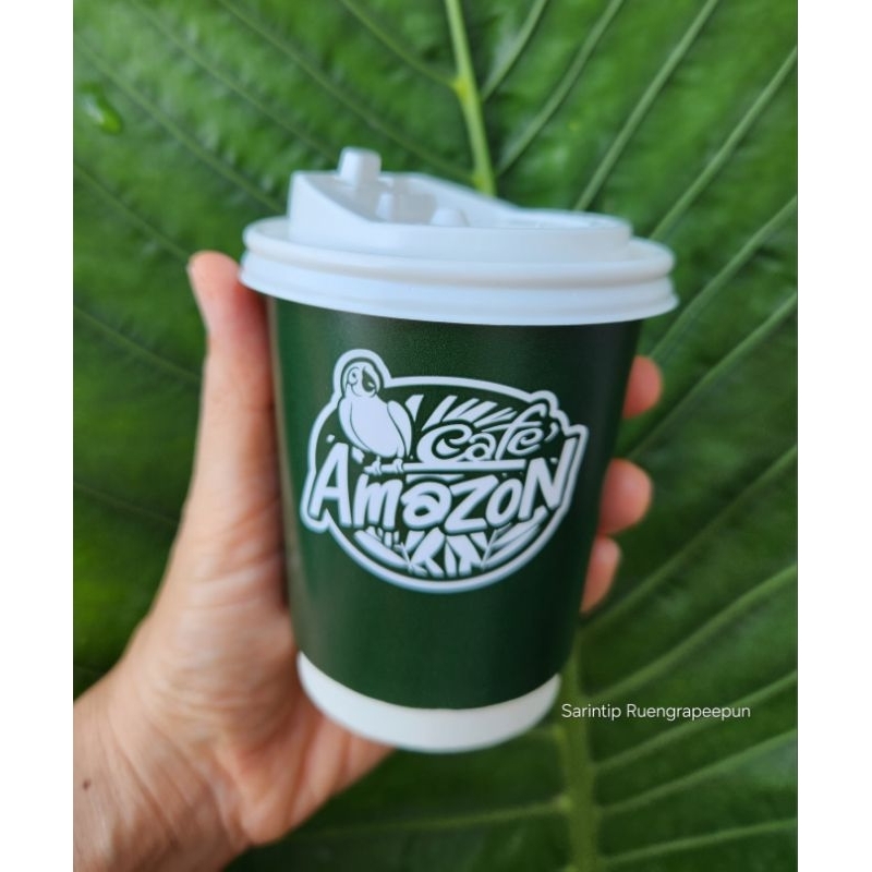 Café Amazon Bio Cup แก้วกระดาษพร้อมฝายกดื่มเปิด-ปิดใส่เครื่องดื่มร้อน ขนาด 8 oz เคลือบพลาสติกชีวภาพ PBS ย่อยสลายได้100%