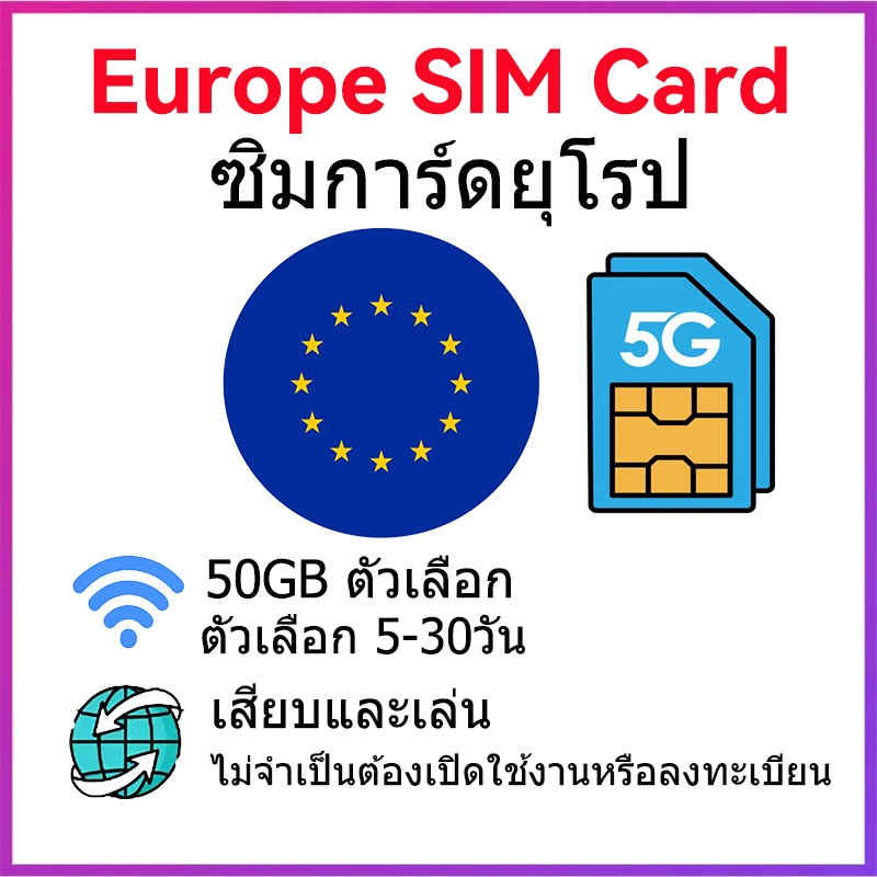 【ซิมการ์ดยุโรป】Europe SIM Card เยอรมนี ฝรั่งเศส อิตาลี สวิตเซอร์แลนด์ อินเทอร์เน็ตความเร็วสูง 4G/5G