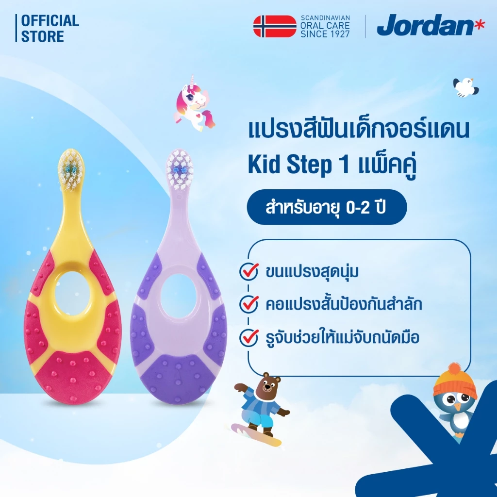 ⚡ ส่งของทุกวัน ⚡[แพ็ค2ชิ้น คละสี] Jordan จอร์แดนแปรงสีฟันเด็ก Step 1 สำหรับ 0-2 ปี