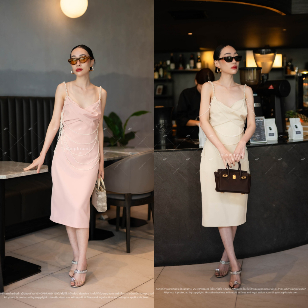 พร้อมส่ง เดรสสายเดี่ยวอกโบว์แต่งไข่มุกระย้า งานป้าย vshopbrand