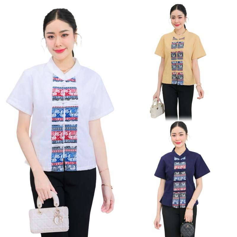 เสื้อพื้นเมืองผู้หญิงคอจีนแต่งแถบผ้าทอลายช้าง แขนสั้น