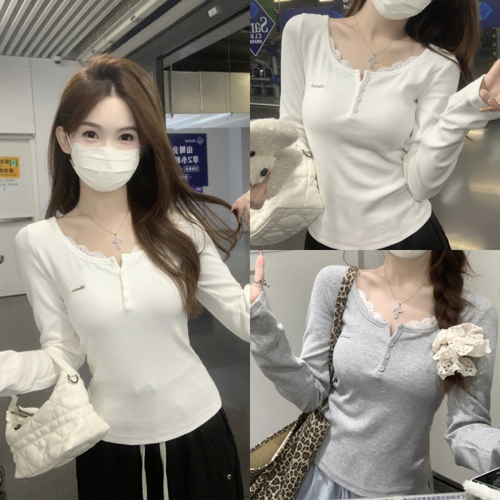 Beryl เสื้อยืดผู้หญิงลูกไม้สีทึบลําลองสไตล์ใหม่แขนยาวคอยู ทรงเข้ารูป ผ้านุ่มใส่สบาย