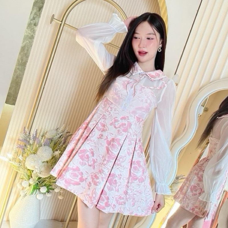 [NITTAYA] D2646 ชุดเดรสกระโปรงคอปกแขนยาวซีทรูแต่งกระดุมไข่มุกลายดอกไม้ สวยหรูดูแพงผู้ดีลุคคุณ ใส่เที