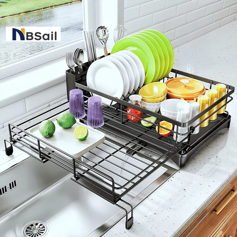 NBSail Adjustable Storage Rack Organizer Kitchen Dish Drainer Rack with Tray 2 In 1 Dish Rack Rak