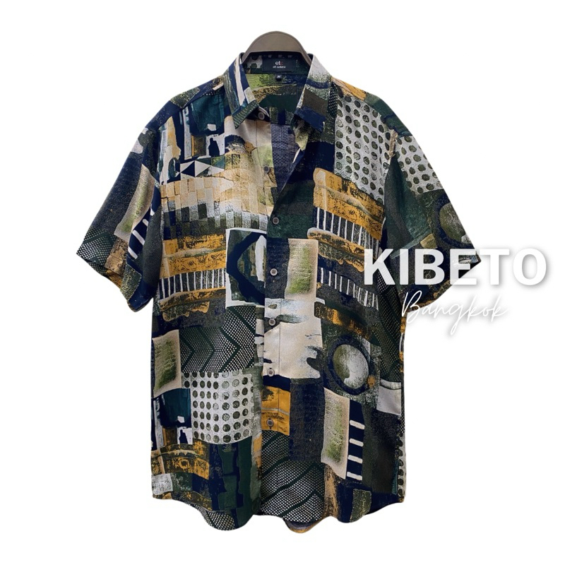 kibeto เสื้อฮาวาย ลายกำแพงเหล็ก สีเขียว ผ้าสปันเรยอน เนื้อนิ่ม ใส่สบาย