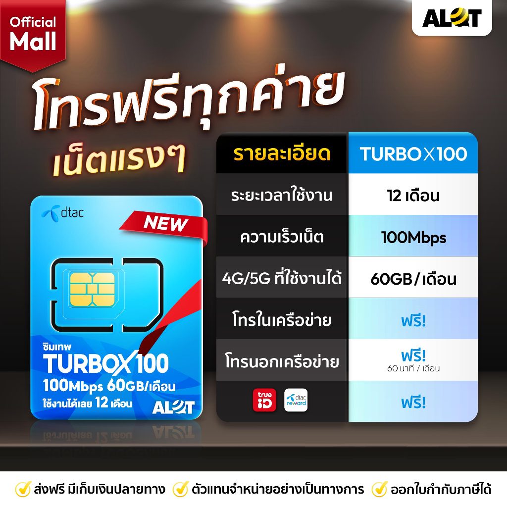 [ DTAC Turbo X 100 ] เลือกเบอร์ Set 1 ซิม DTAC ซิมเน็ตรายปี ซิมดีแทค เทอร์โบ Simเทพ Maxspeed 60GB ซิมรายปี Sim Simnet - รูปที่ 2