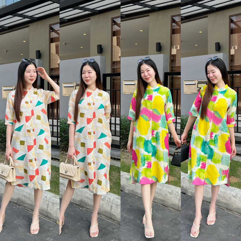 C4เดรสยาวผ้าลินินพิมพ์ลายคอจีนแขนยาวประมาณศอก