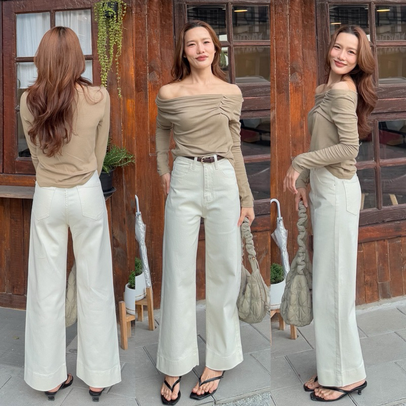 Gagel Jeans ยีนส์ขาเต่อสุด cute ยีนส์เอวสูงขากระบอกกลางผ้ายีนส์ยืดพรีเมี่ยม