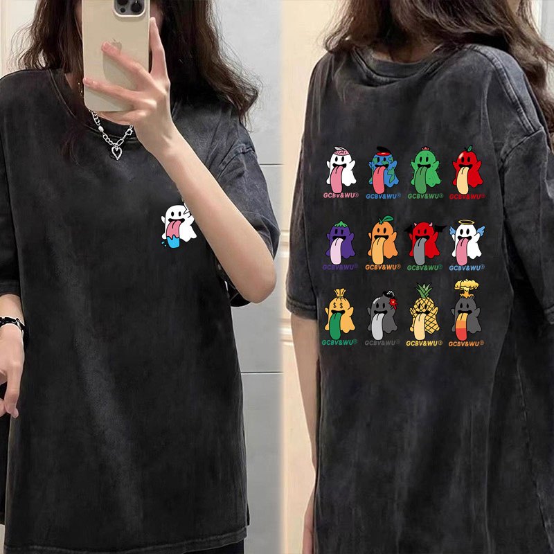 เสื้อยืดฟอกวินเทจผู้หญิงฤดูร้อนใหม่ ผ้าคอตตอน100% oversize เสื้อผ้าสาวอวบคนอ้วนไซส์ใหญ่ เสื้อโอเวอร์ไซส์ลายการ์ตูนเกาหลี