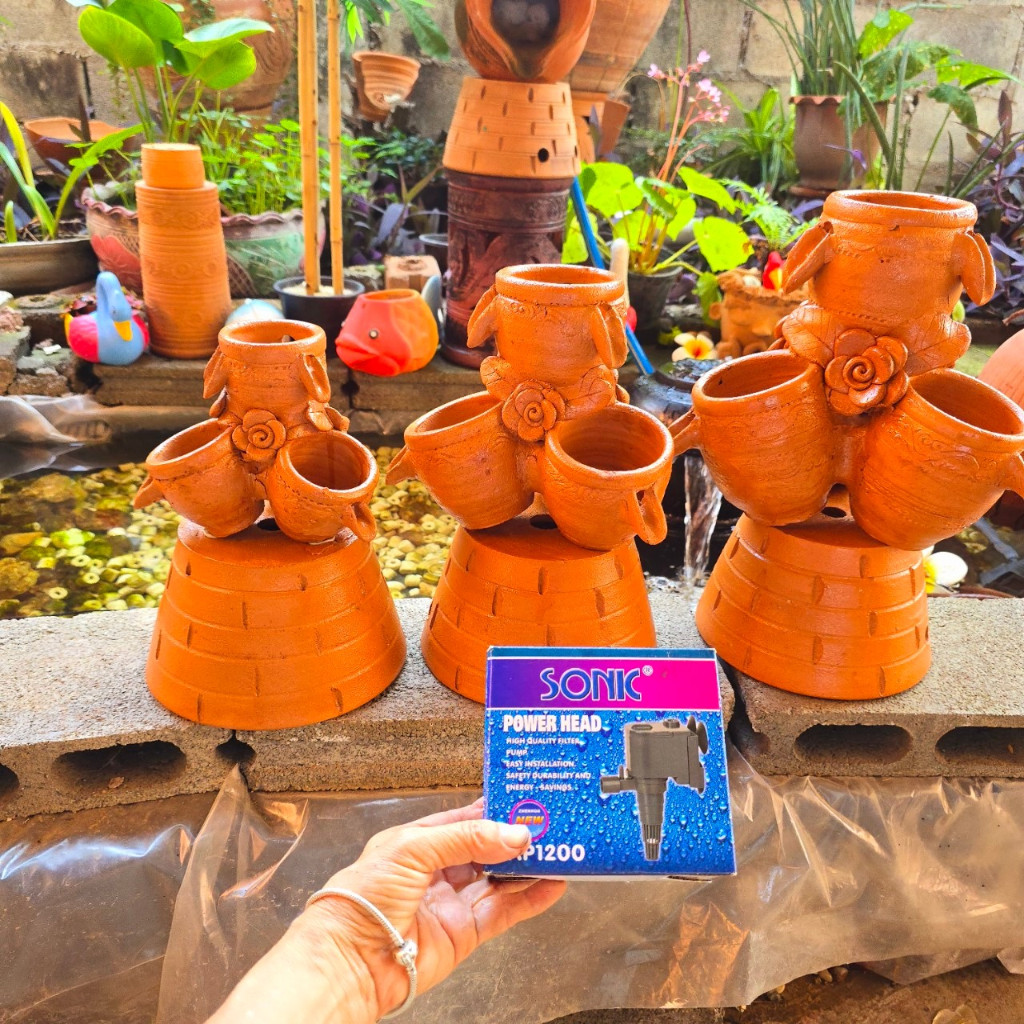 น้ำรินดินเผา สีเคลือบเงา ได้น้ำริน+ฐาน+ปั้มAP1200 (เลือกขนาด)ตกแต่งอ่างปลา ตกแต่งสวน