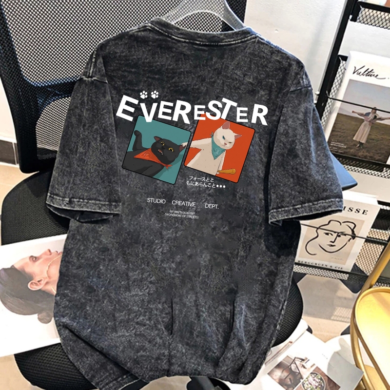Top.street เสื้อยืด oversize 'CAT' t shirt cotton 100% แฟชั่น แนวสตรีท วินเทจ เสื้อชาย สไตล์เกาหลี เสื้อฟอกสีดำ 3XL
