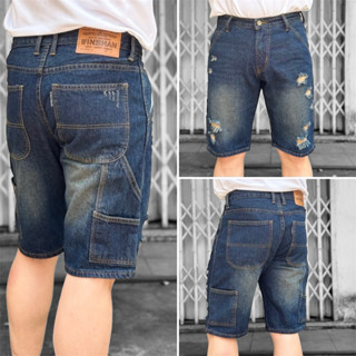WINSMAN กางเกงขาสั้นผ้ายีนส์กระเป๋าช่างฟอกเจียรขาดทรงกระบอกซ…