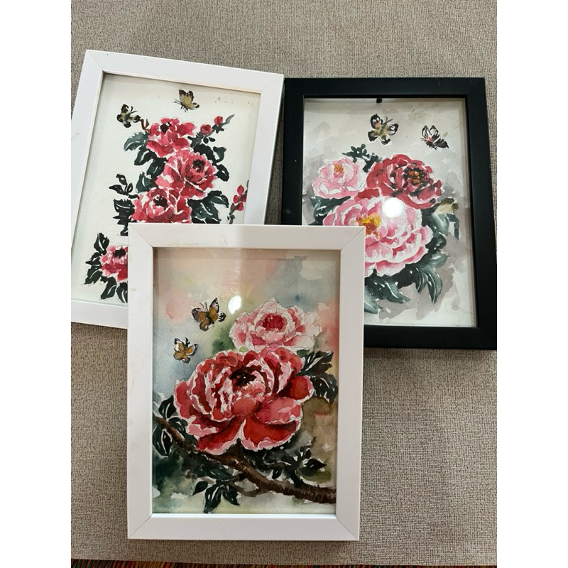 ภาพวาดดอกโบตั๋นสีแดง โบตั๋น ภาพตกแต่งติดผนัง ขนาด 5 x7 นิ้ว กระดาษร้อยปอนด์ พร้อมมกรอบตกแต่งให้สวยงาม