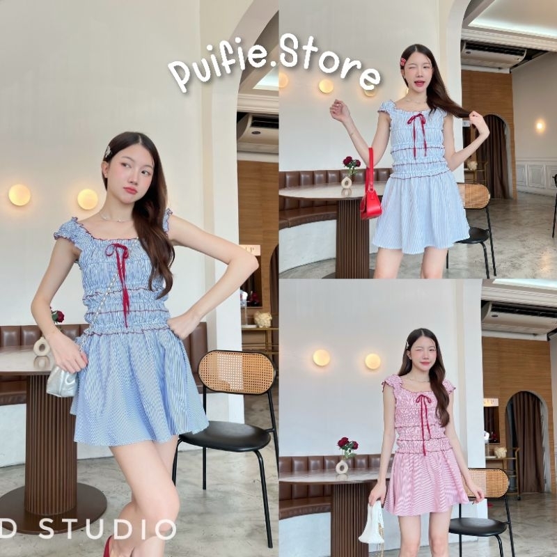 [พร้อมส่ง] เดรสน่ารักริ้วเล็ก ตัดขอบแดง สม็อคตัว ❤️ งานป้าย PROD