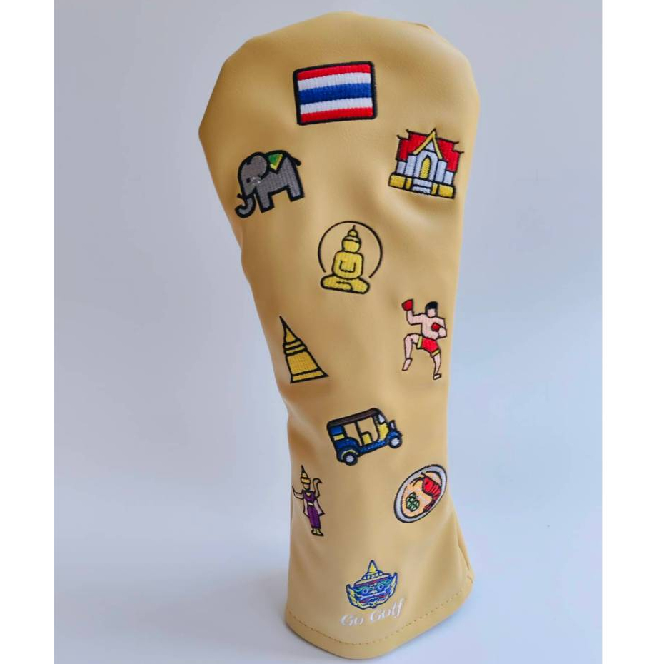 Driver Head Cover - Thai Icon Design ปลอกหุ้มหัวไม้ไดรเวอร์ ลายไทย สีเหลืองมัสตาด (ใหม่) และสีขาว (ตำหนิเล็กน้อย)